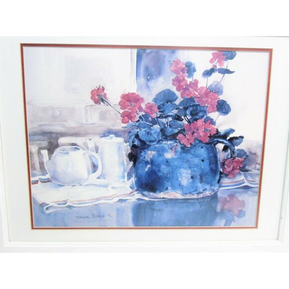 Dawna Barton Framed Wall Art Tea Time 26x20 Kitchen Sunroom Flower Artist Signed - Picture 3 of 5